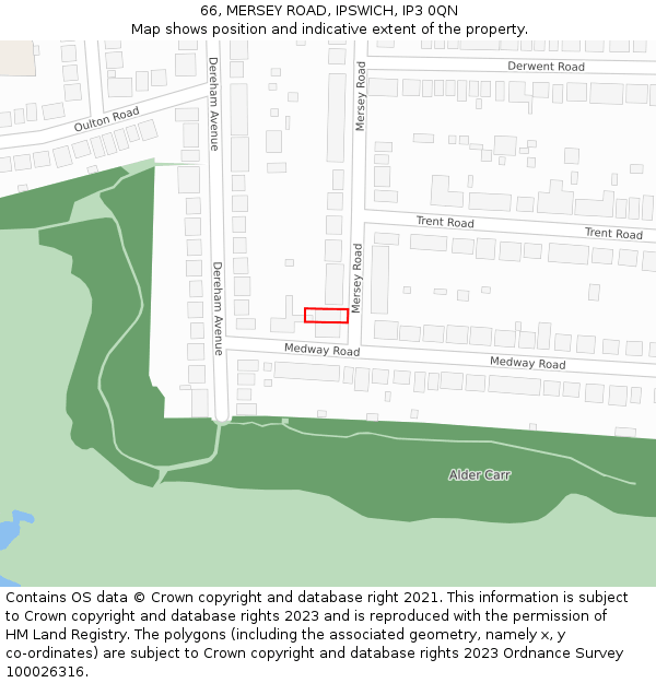 66, MERSEY ROAD, IPSWICH, IP3 0QN: Location map and indicative extent of plot