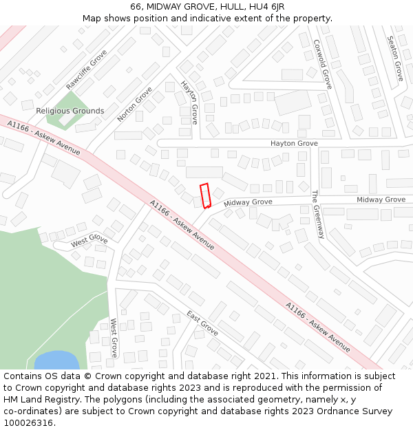 66, MIDWAY GROVE, HULL, HU4 6JR: Location map and indicative extent of plot