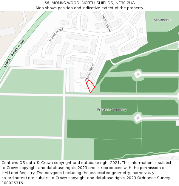 66, MONKS WOOD, NORTH SHIELDS, NE30 2UA: Location map and indicative extent of plot