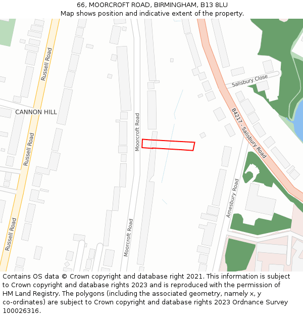 66, MOORCROFT ROAD, BIRMINGHAM, B13 8LU: Location map and indicative extent of plot