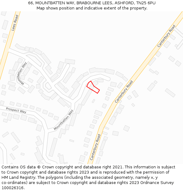 66, MOUNTBATTEN WAY, BRABOURNE LEES, ASHFORD, TN25 6PU: Location map and indicative extent of plot