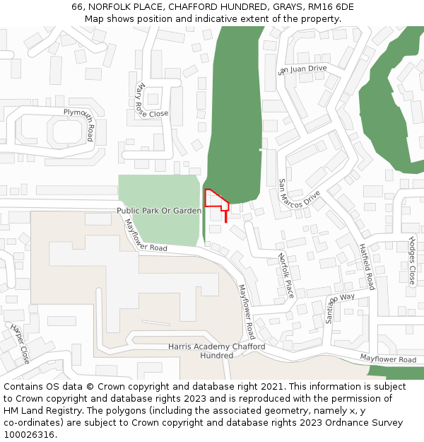 66, NORFOLK PLACE, CHAFFORD HUNDRED, GRAYS, RM16 6DE: Location map and indicative extent of plot