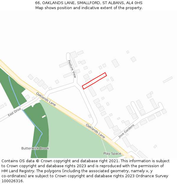 66, OAKLANDS LANE, SMALLFORD, ST ALBANS, AL4 0HS: Location map and indicative extent of plot