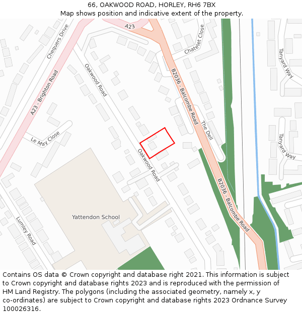 66, OAKWOOD ROAD, HORLEY, RH6 7BX: Location map and indicative extent of plot