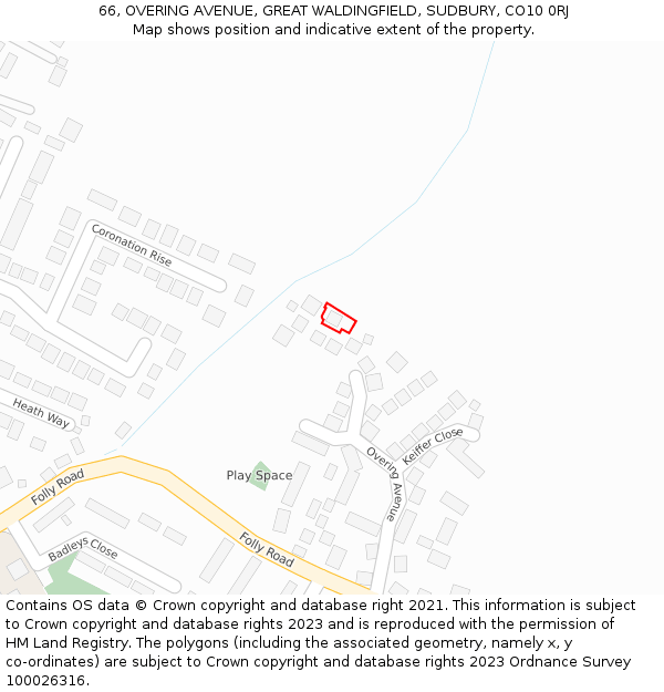 66, OVERING AVENUE, GREAT WALDINGFIELD, SUDBURY, CO10 0RJ: Location map and indicative extent of plot