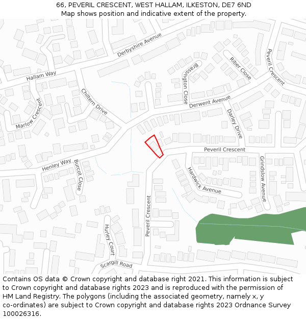 66, PEVERIL CRESCENT, WEST HALLAM, ILKESTON, DE7 6ND: Location map and indicative extent of plot