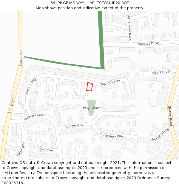 66, PILGRIMS WAY, HARLESTON, IP20 9QE: Location map and indicative extent of plot