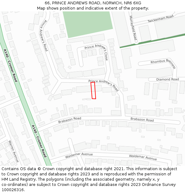 66, PRINCE ANDREWS ROAD, NORWICH, NR6 6XG: Location map and indicative extent of plot