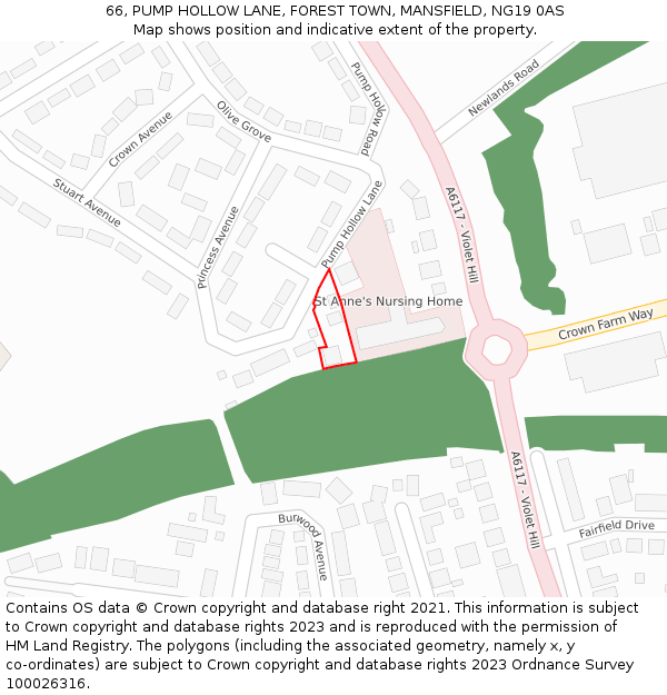 66, PUMP HOLLOW LANE, FOREST TOWN, MANSFIELD, NG19 0AS: Location map and indicative extent of plot