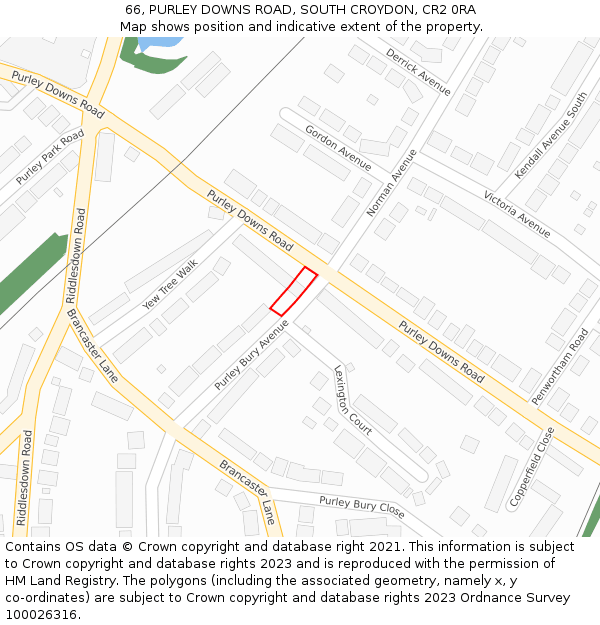 66, PURLEY DOWNS ROAD, SOUTH CROYDON, CR2 0RA: Location map and indicative extent of plot
