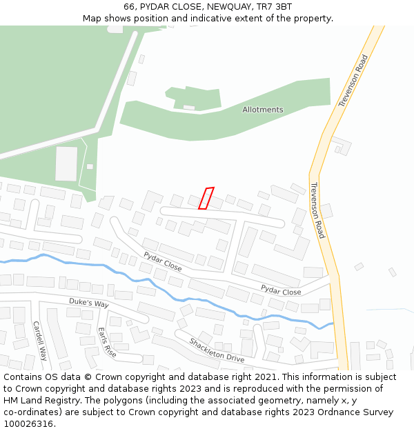 66, PYDAR CLOSE, NEWQUAY, TR7 3BT: Location map and indicative extent of plot