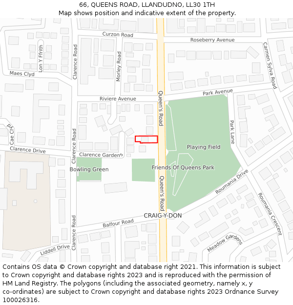 66, QUEENS ROAD, LLANDUDNO, LL30 1TH: Location map and indicative extent of plot