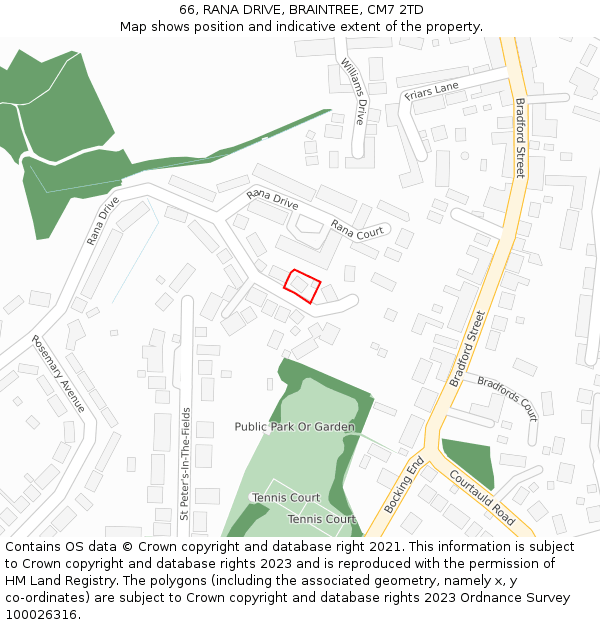 66, RANA DRIVE, BRAINTREE, CM7 2TD: Location map and indicative extent of plot
