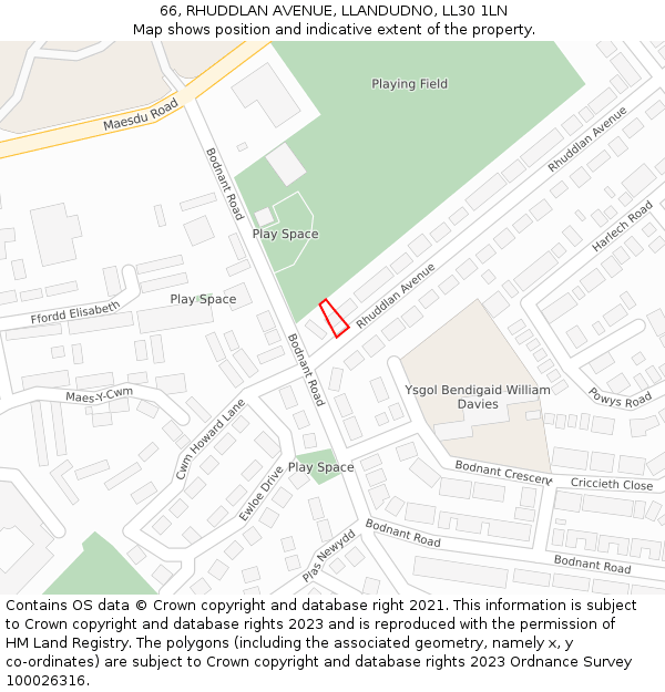 66, RHUDDLAN AVENUE, LLANDUDNO, LL30 1LN: Location map and indicative extent of plot