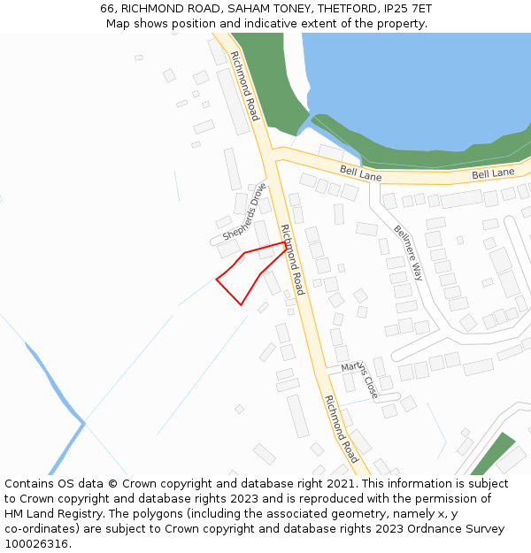 66, RICHMOND ROAD, SAHAM TONEY, THETFORD, IP25 7ET: Location map and indicative extent of plot