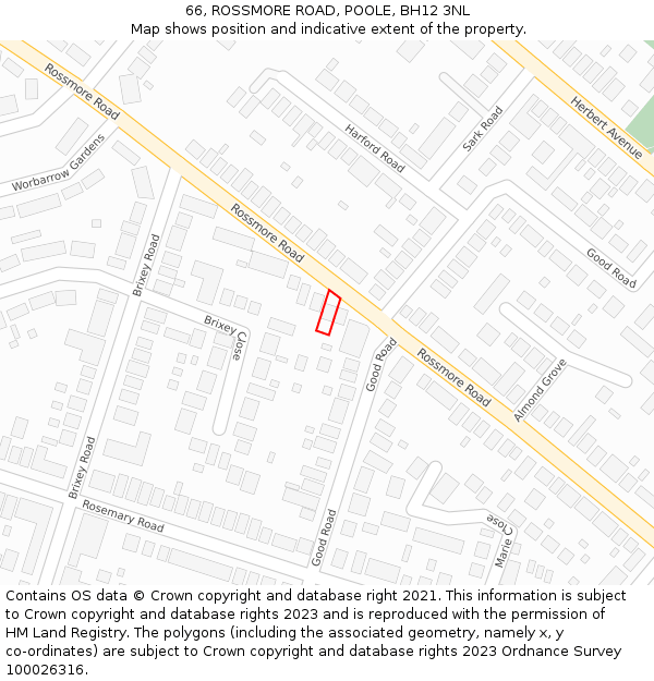 66, ROSSMORE ROAD, POOLE, BH12 3NL: Location map and indicative extent of plot
