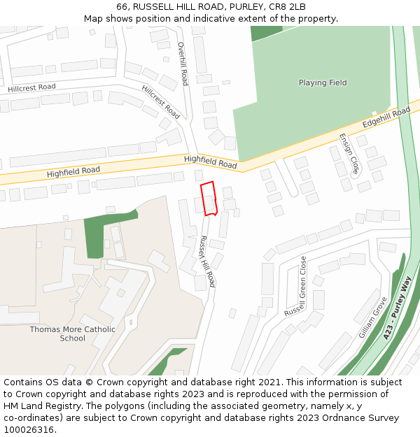 66, RUSSELL HILL ROAD, PURLEY, CR8 2LB: Location map and indicative extent of plot