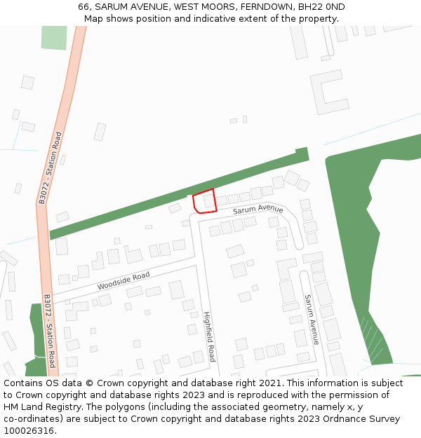 66, SARUM AVENUE, WEST MOORS, FERNDOWN, BH22 0ND: Location map and indicative extent of plot