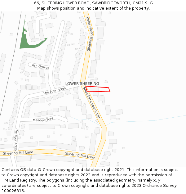 66, SHEERING LOWER ROAD, SAWBRIDGEWORTH, CM21 9LG: Location map and indicative extent of plot
