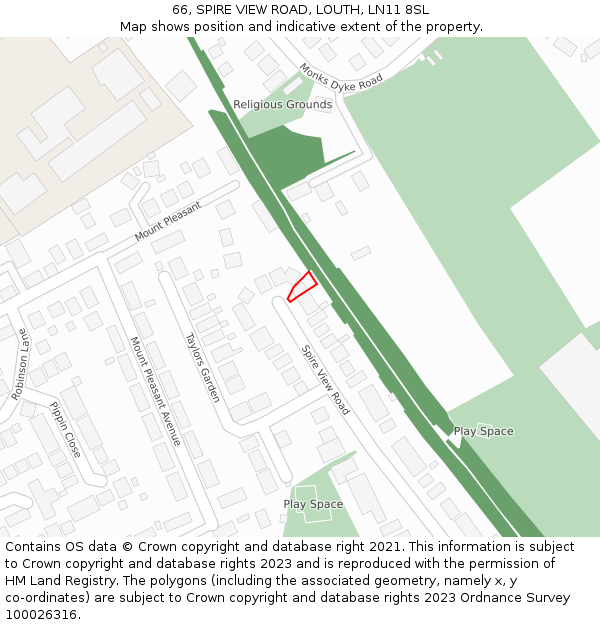 66, SPIRE VIEW ROAD, LOUTH, LN11 8SL: Location map and indicative extent of plot