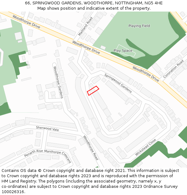 66, SPRINGWOOD GARDENS, WOODTHORPE, NOTTINGHAM, NG5 4HE: Location map and indicative extent of plot
