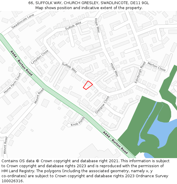 66, SUFFOLK WAY, CHURCH GRESLEY, SWADLINCOTE, DE11 9GL: Location map and indicative extent of plot