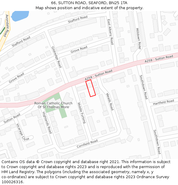 66, SUTTON ROAD, SEAFORD, BN25 1TA: Location map and indicative extent of plot