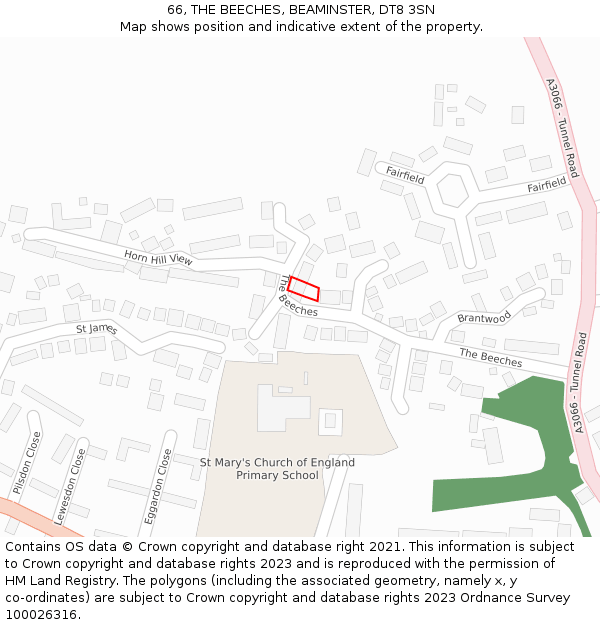 66, THE BEECHES, BEAMINSTER, DT8 3SN: Location map and indicative extent of plot