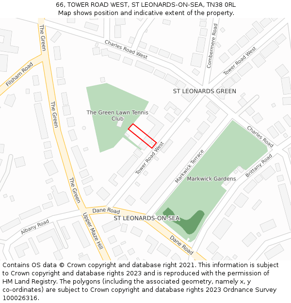 66, TOWER ROAD WEST, ST LEONARDS-ON-SEA, TN38 0RL: Location map and indicative extent of plot