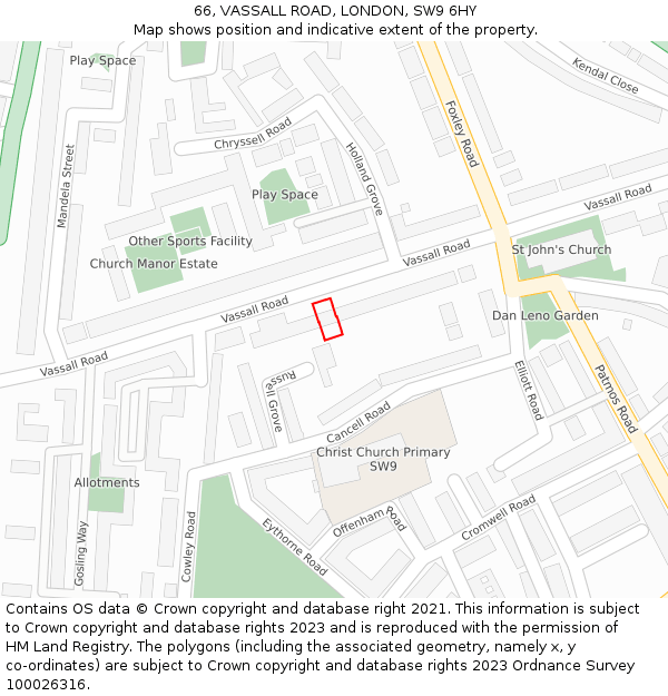 66, VASSALL ROAD, LONDON, SW9 6HY: Location map and indicative extent of plot