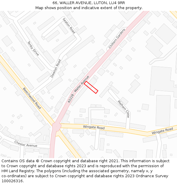 66, WALLER AVENUE, LUTON, LU4 9RR: Location map and indicative extent of plot