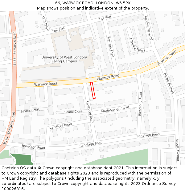 66, WARWICK ROAD, LONDON, W5 5PX: Location map and indicative extent of plot