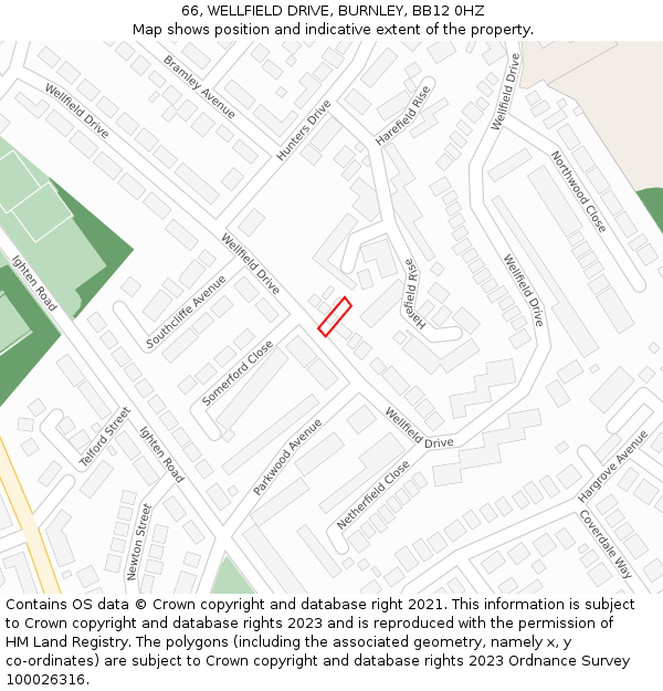 66, WELLFIELD DRIVE, BURNLEY, BB12 0HZ: Location map and indicative extent of plot
