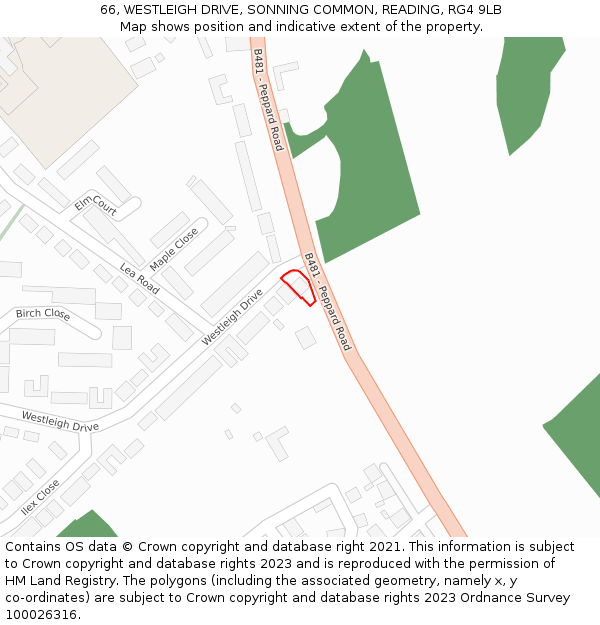 66, WESTLEIGH DRIVE, SONNING COMMON, READING, RG4 9LB: Location map and indicative extent of plot