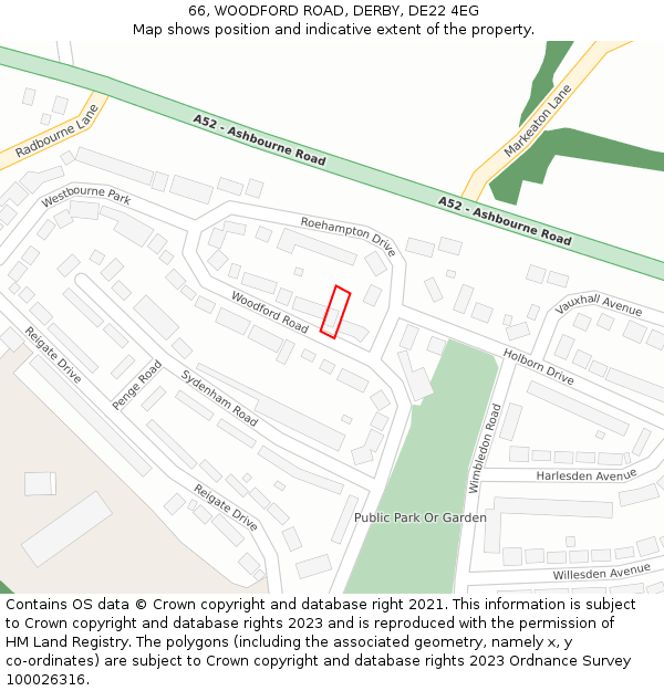 66, WOODFORD ROAD, DERBY, DE22 4EG: Location map and indicative extent of plot