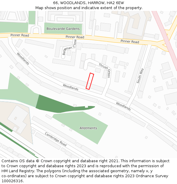 66, WOODLANDS, HARROW, HA2 6EW: Location map and indicative extent of plot