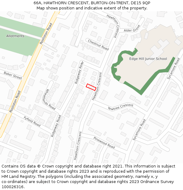 66A, HAWTHORN CRESCENT, BURTON-ON-TRENT, DE15 9QP: Location map and indicative extent of plot