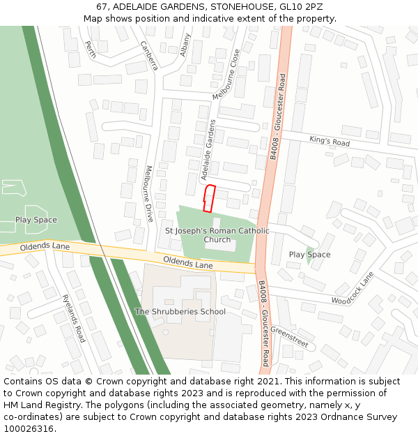 67, ADELAIDE GARDENS, STONEHOUSE, GL10 2PZ: Location map and indicative extent of plot