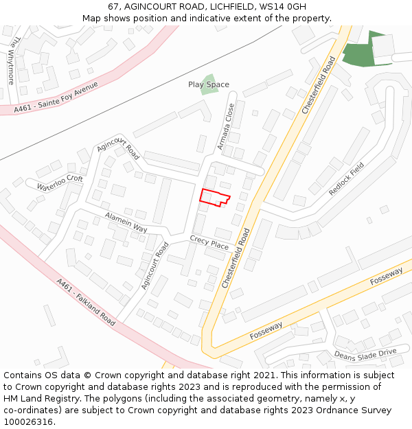 67, AGINCOURT ROAD, LICHFIELD, WS14 0GH: Location map and indicative extent of plot