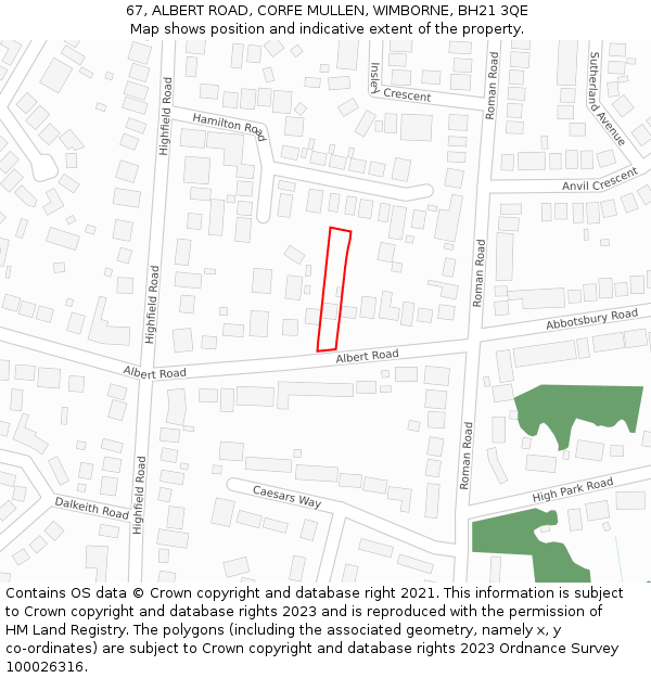 67, ALBERT ROAD, CORFE MULLEN, WIMBORNE, BH21 3QE: Location map and indicative extent of plot