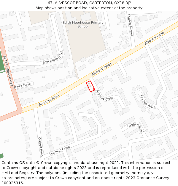 67, ALVESCOT ROAD, CARTERTON, OX18 3JP: Location map and indicative extent of plot