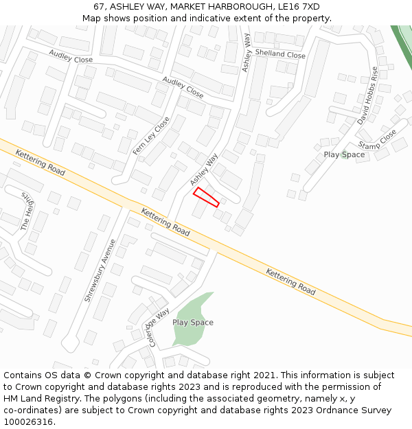 67, ASHLEY WAY, MARKET HARBOROUGH, LE16 7XD: Location map and indicative extent of plot