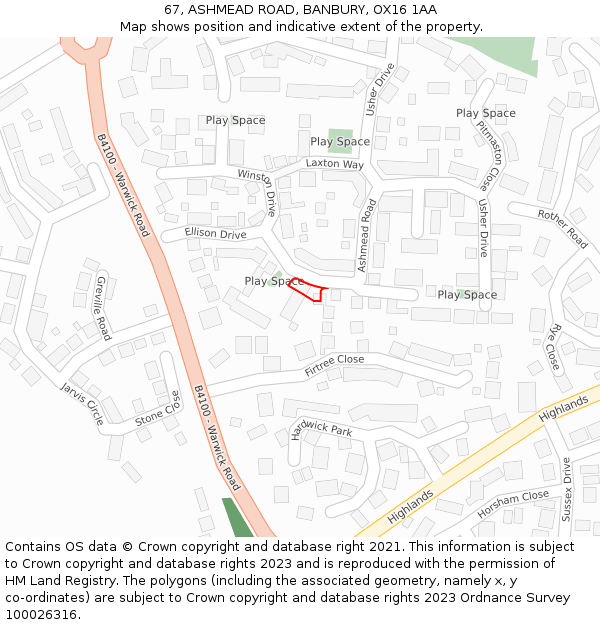 67, ASHMEAD ROAD, BANBURY, OX16 1AA: Location map and indicative extent of plot