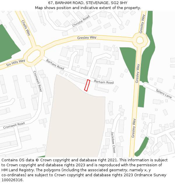 67, BARHAM ROAD, STEVENAGE, SG2 9HY: Location map and indicative extent of plot