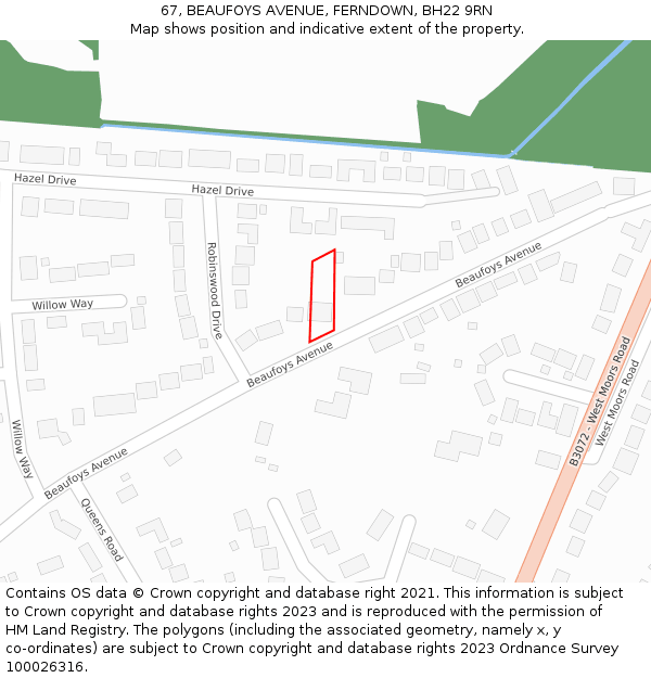 67, BEAUFOYS AVENUE, FERNDOWN, BH22 9RN: Location map and indicative extent of plot