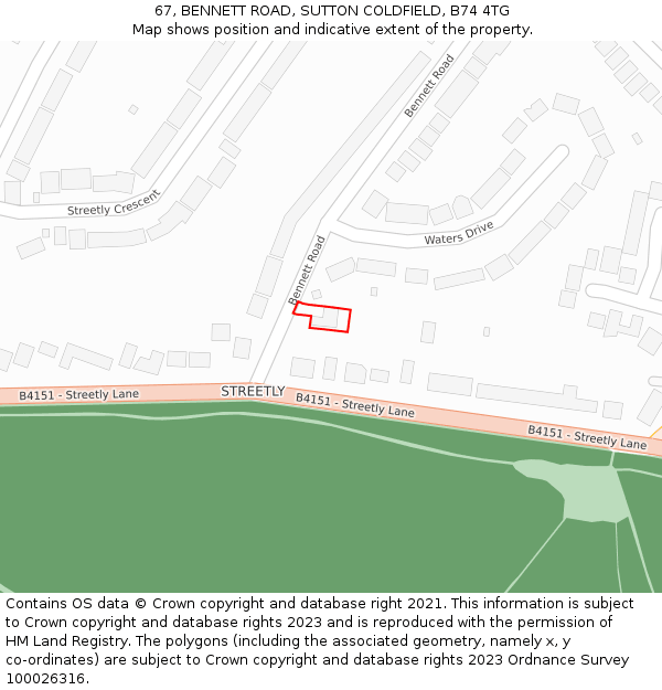 67, BENNETT ROAD, SUTTON COLDFIELD, B74 4TG: Location map and indicative extent of plot