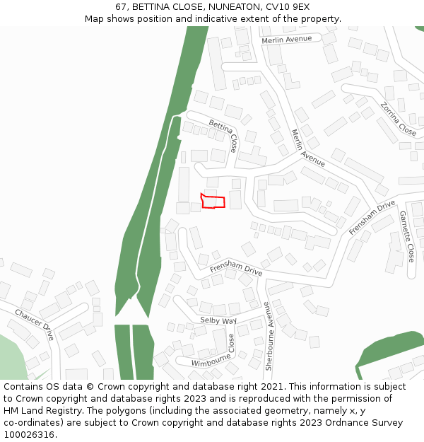 67, BETTINA CLOSE, NUNEATON, CV10 9EX: Location map and indicative extent of plot