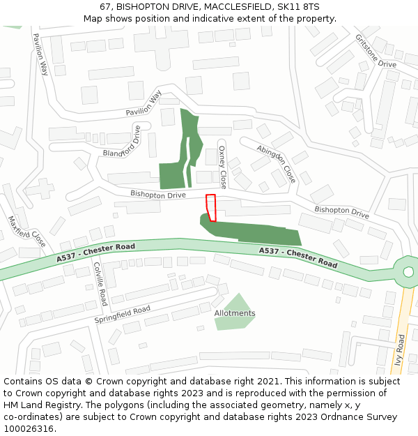 67, BISHOPTON DRIVE, MACCLESFIELD, SK11 8TS: Location map and indicative extent of plot