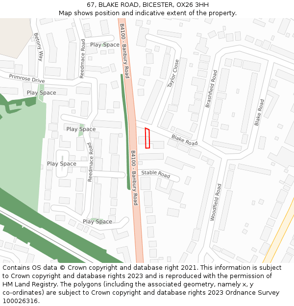 67, BLAKE ROAD, BICESTER, OX26 3HH: Location map and indicative extent of plot