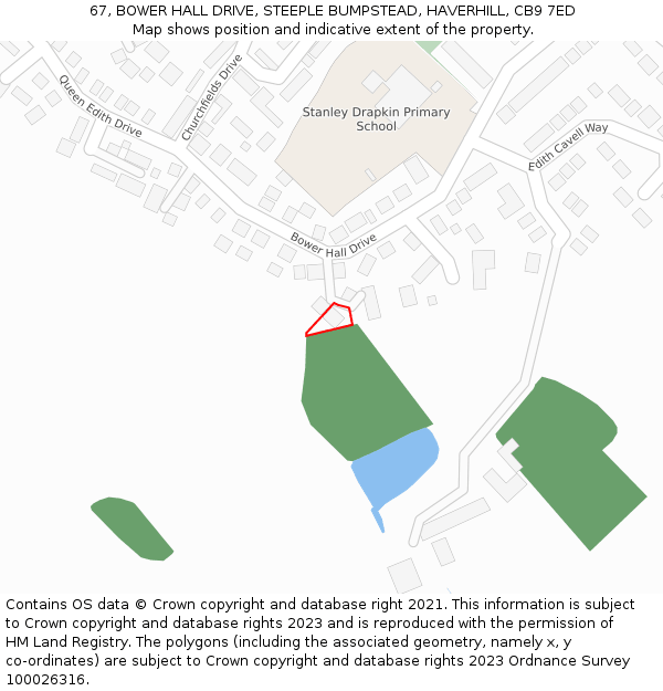 67, BOWER HALL DRIVE, STEEPLE BUMPSTEAD, HAVERHILL, CB9 7ED: Location map and indicative extent of plot